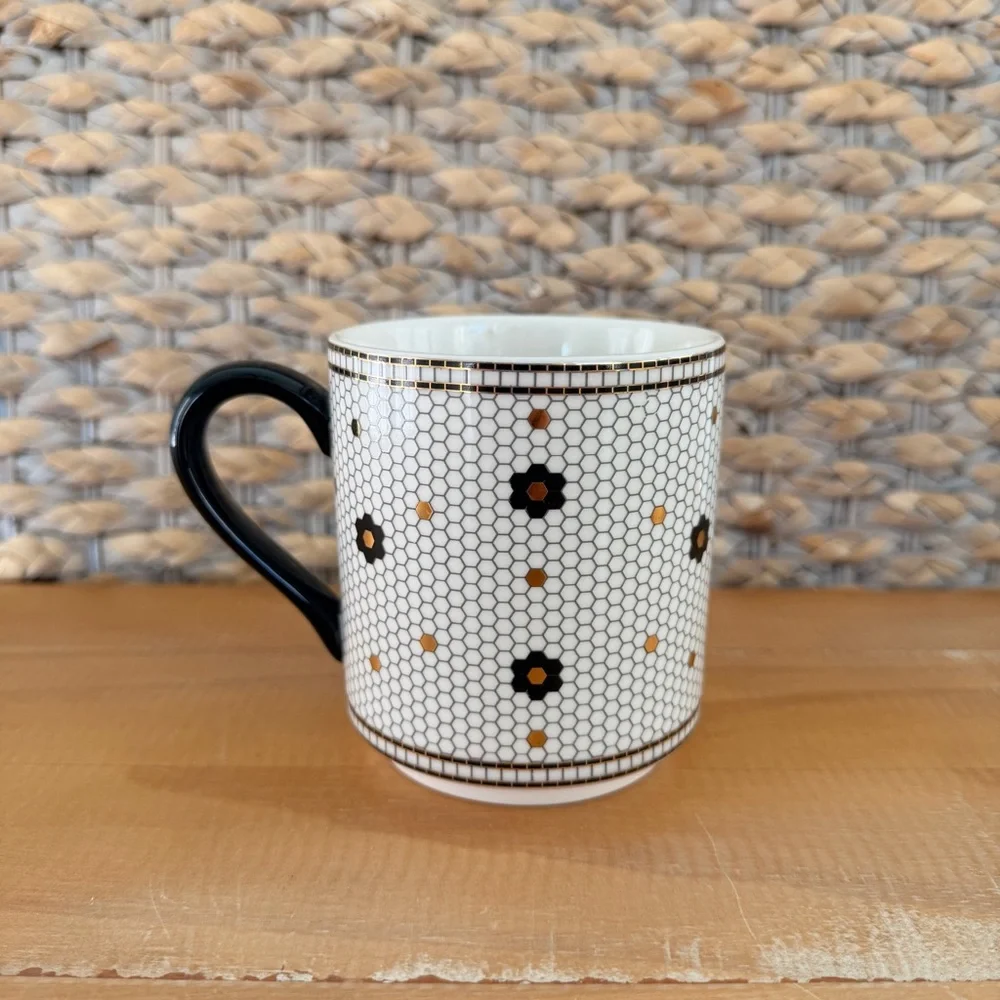 Anthropologie Coffee Mug Monogram Letter T Gold & Black Bistro Tile Honeycomb